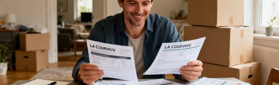 Homme examinant plusieurs offres de déménagement sur une table, ambiance sereine, La Courneuve.