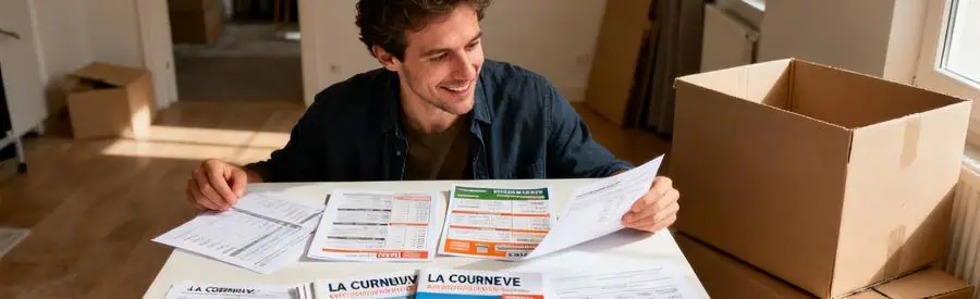 Personne comparant plusieurs offres de déménagement à La Courneuve, entourée de documents et cartons.