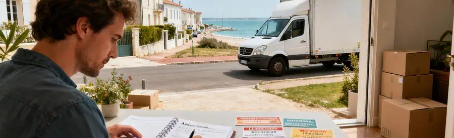 Comparaison Offres Demenagement La Rochelle Personne comparant plusieurs offres de déménagement dans un quartier de La Rochelle, des cartons visibles.