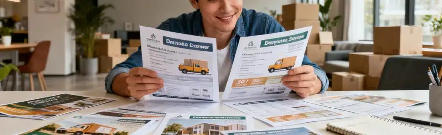 Comparaison Offres Demenagement Laval Personne examinant plusieurs offres de déménagement sur une table avec documents à Laval.