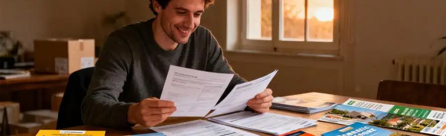 Personne examinant plusieurs offres de déménagement sur une table, ambiance chaleureuse dans le Lot-et-Garonne.
