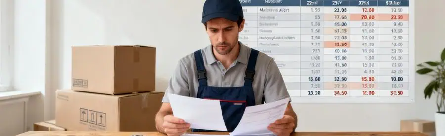 Un professionnel évalue plusieurs offres de déménagement à Maisons-Alfort, documents étalés sur une table.