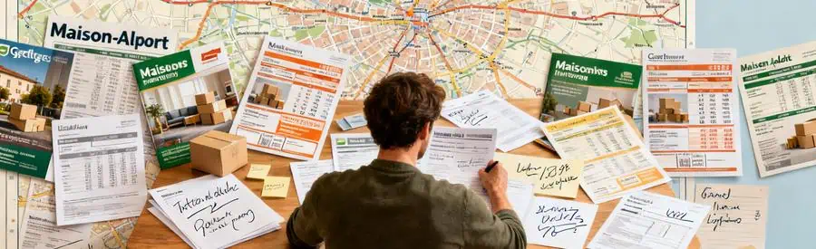 Personne comparant plusieurs offres de déménagement à Maisons-Alfort avec documents sur la table.