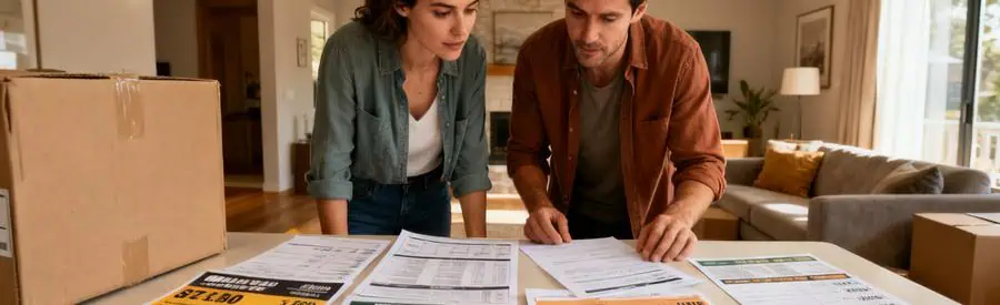 Couple comparant plusieurs offres de déménagement sur une table, montrant l'importance de bien choisir dans la Marne.