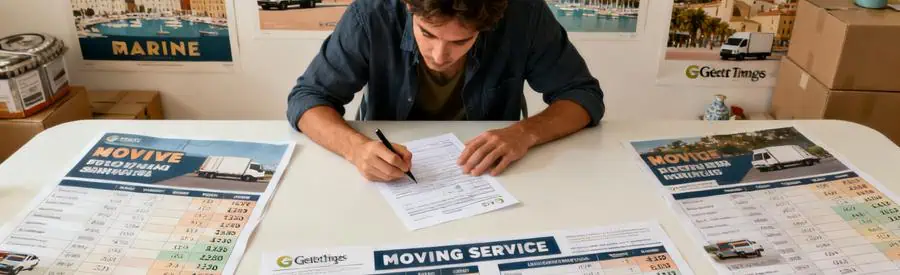 Personne remplissant un document en comparant plusieurs offres de déménagement à Marseille.