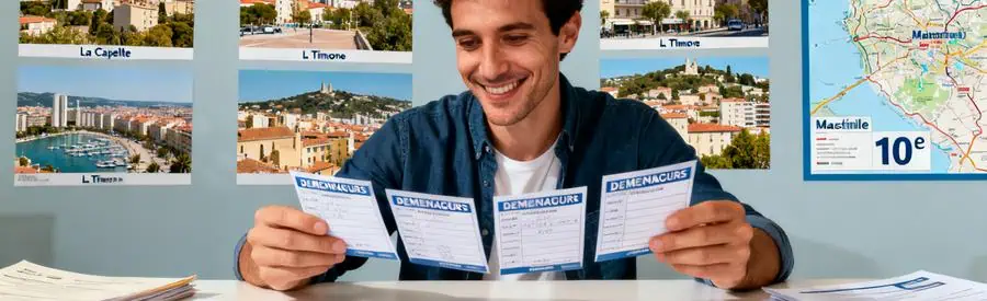 Personne examinant des fiches de déménageurs à Marseille 10ème, entourée de documents et cartes des quartiers.