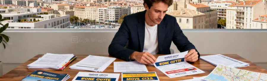 Comparaison Offres Demenagement Marseille 13eme Personne comparant des offres de déménagement sur une table, vue du 13e arrondissement de Marseille.