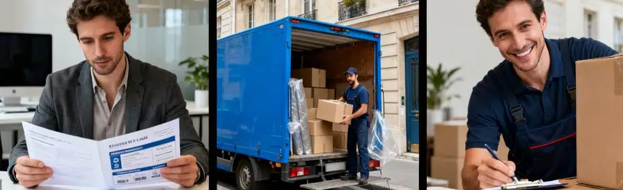 Comparaison Offres Demenagement Marseille 15e Personne comparant plusieurs offres de déménagement dans un bureau, déménageurs chargent un camion à Marseille 15ème.