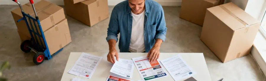 Comparaison Offres Demenagement Martigues Personne examinant plusieurs offres de déménagement à Martigues, entourée de documents.