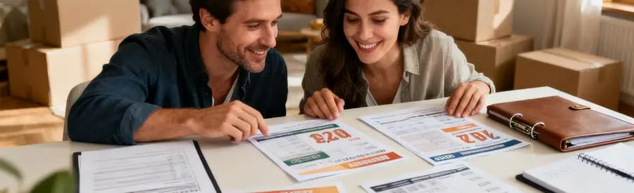 Couple comparant plusieurs offres de déménagement à une table, documents étalés, ambiance confortable.