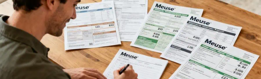 Personne examinant plusieurs offres de déménagement dans la Meuse, prenant des notes à une table.