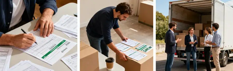 Comparaison Offres Demenagement Mont De Marsan Personnes comparant des offres de déménagement à Mont-de-Marsan avec documents et camion.