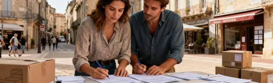 Comparaison Offres Demenagement Mont De Marsan Couple comparant plusieurs offres de déménagement à Mont-de-Marsan, ambiance conviviale.