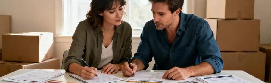 Comparaison Offres Demenagement Mont De Marsan Un couple compare différentes offres de déménagement pour Mont-de-Marsan, entouré de cartons.