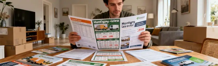 Comparaison Offres Demenagement Montigny Les Metz Personne examinant des offres de déménagement à Montigny-lès-Metz, avec documents et brochures sur une table.