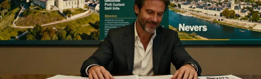 Particulier comparant des offres de déménagement avec un panneau de Nevers en arrière-plan.