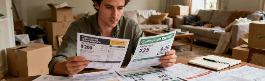 Personne examinant plusieurs offres de déménagement sur une table, dans un salon avec cartons.