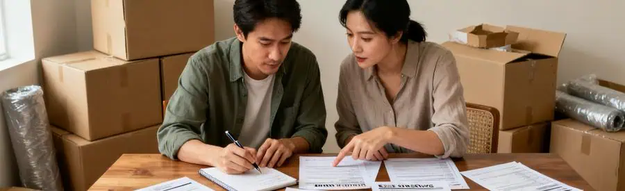 Comparaison Offres Demenagement Orne Personnes comparant des offres de déménagement sur table, ambiance d'organisation pour tarifs dans l'Orne.