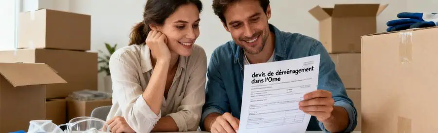 Comparaison Offres Demenagement Orne Couple comparant plusieurs offres de déménagement dans l'Orne sur une table, expression satisfaite.