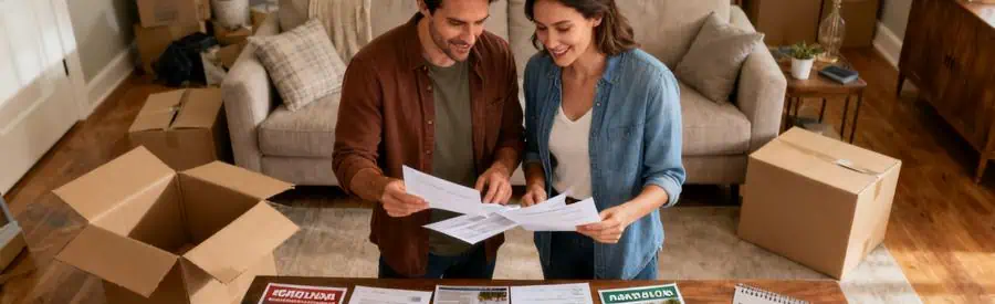 Comparaison Offres Demenagement Pas De Calais Couple examinant plusieurs offres de déménagement dans un salon en cours de rangement, soulignant la comparaison simplifiée.