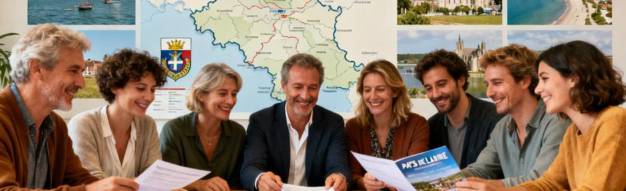 Personnes comparant des offres de déménagement avec des brochures sur les départements des Pays de la Loire.