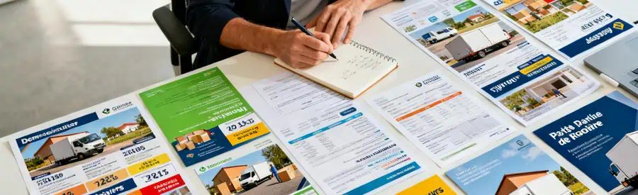 Personne comparant plusieurs offres de déménagement étalées, concentrée sur le choix du professionnel.