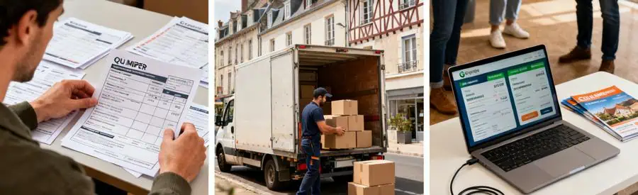 Triptyque illustrant la comparaison des tarifs de déménagement à Quimper avec devis et chargement.