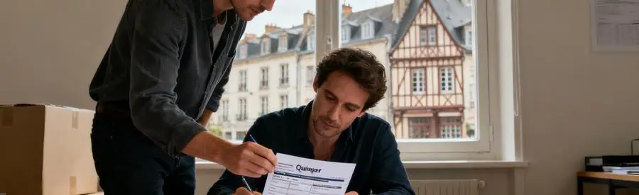 Personne remplissant un formulaire pour comparer des offres de déménageurs à Quimper, ambiance studieuse.