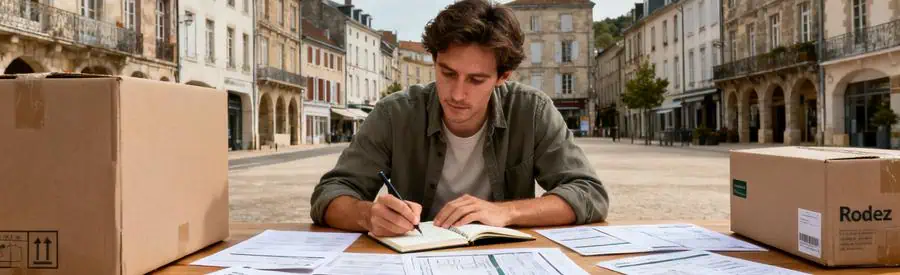 Personne comparant plusieurs propositions de déménagement à Rodez, entourée de cartons et de documents.
