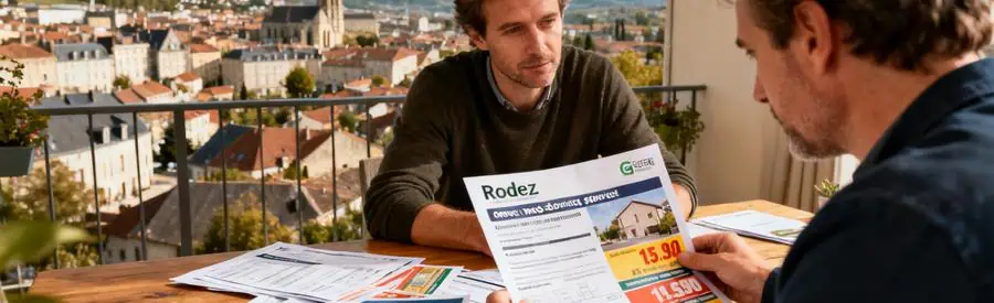 Personne comparant plusieurs offres de déménagement avec la ville de Rodez en arrière-plan.