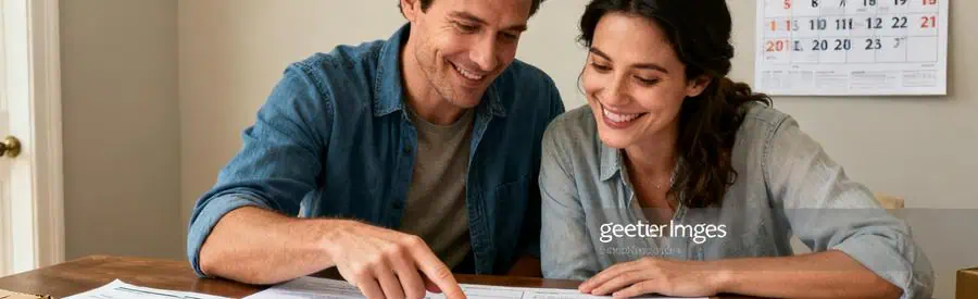 Personnes comparant des offres de déménagement sur une table, avec documents et calendrier indiquant juin-septembre.