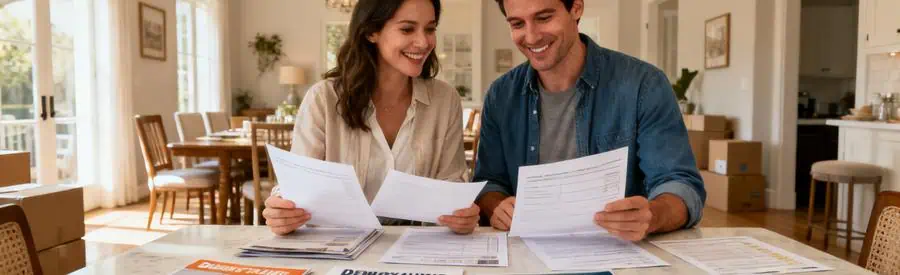 Couple examinant des brochures de déménagement, comparant offres pour économiser, ambiance sereine.