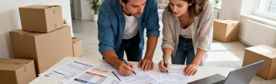 Couple compare plusieurs offres de déménagement pour Saint-Brieuc, documents étalés sur une table.