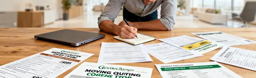 Personne comparant plusieurs devis de déménagement dans une pièce moderne en Saône-et-Loire.