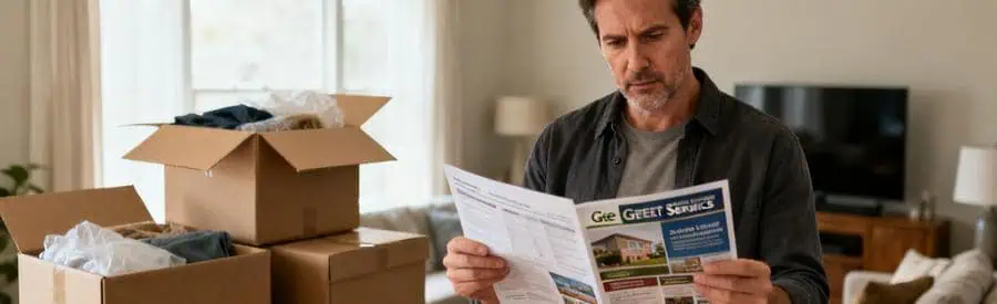 Personne examinant des brochures de déménagement dans son salon, choisissant une formule en Saône-et-Loire.