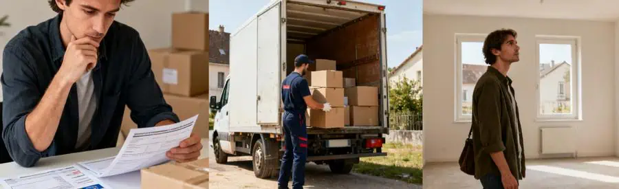Personne comparant les tarifs de déménagement, déménageur chargeant un camion et ancien logement vide en Saône-et-Loire.