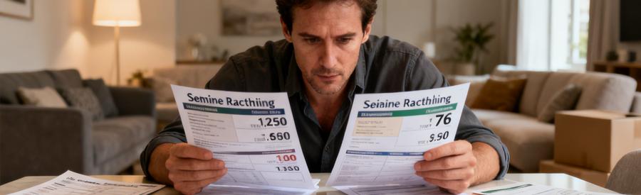 Un homme comparant plusieurs offres de déménagement dans un salon, mettant en évidence l'importance de la sélection.