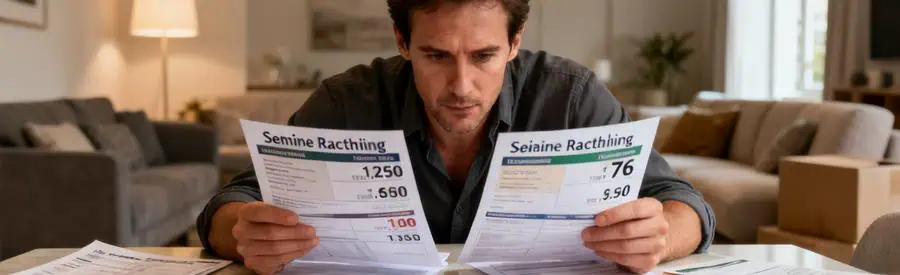 Un homme comparant plusieurs offres de déménagement dans un salon, mettant en évidence l'importance de la sélection.