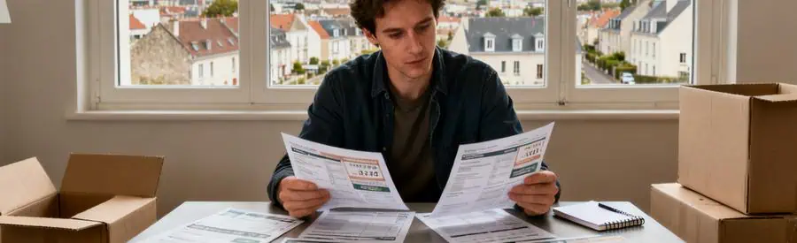 Personne comparant plusieurs offres de déménagement sur une table, dans un cadre urbain de Seine-Maritime.