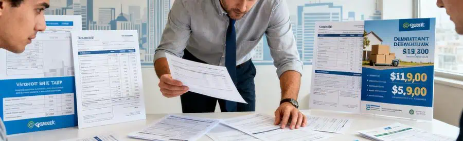 Personne comparant tarifs de déménagement à Sevran sur documents papier sur table.