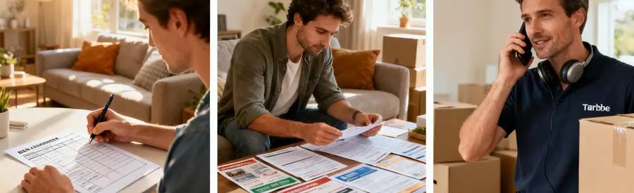 Personnes comparant des offres de déménagement dans un salon à Tarbes, illustrant une procédure simple et rapide.