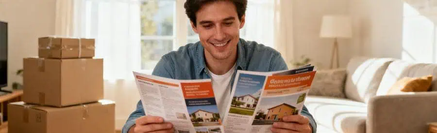 Personne comparant plusieurs offres de déménagement sur une table dans un salon lumineux à Tarbes.