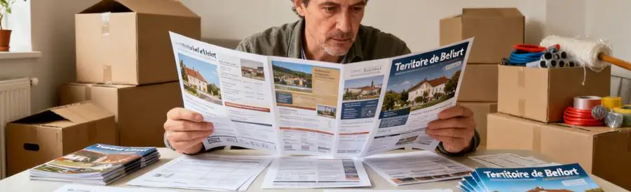 Personne comparant plusieurs offres de déménagement sur une table, entourée de documents, cartons en arrière-plan.