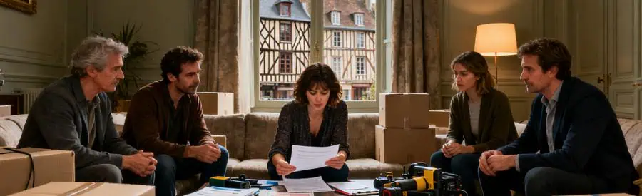 Personne comparant plusieurs offres de déménagement avec vue sur les maisons à colombages de Troyes.