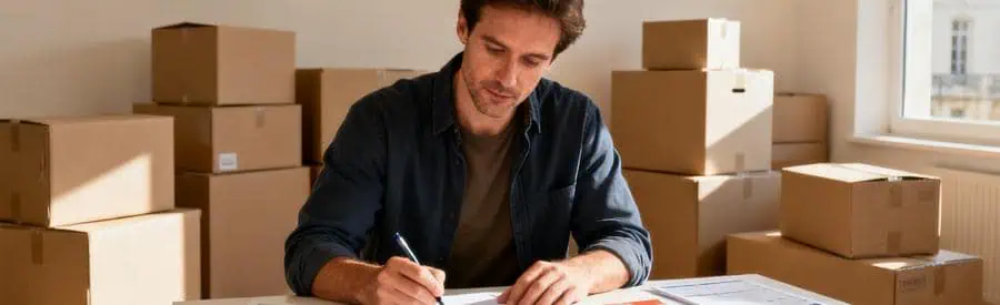 Homme examinant plusieurs offres de déménagement à Troyes, ambiance organisée et lumineuse.