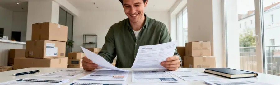 Personne examinant plusieurs offres de déménagement à Vannes sur une table, ambiance organisée et lumineuse.