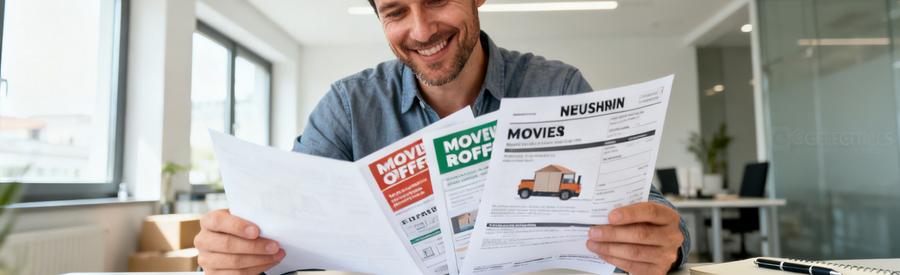 Personne examinant plusieurs offres de déménagement à Vienne sur une table, ambiance organisée.