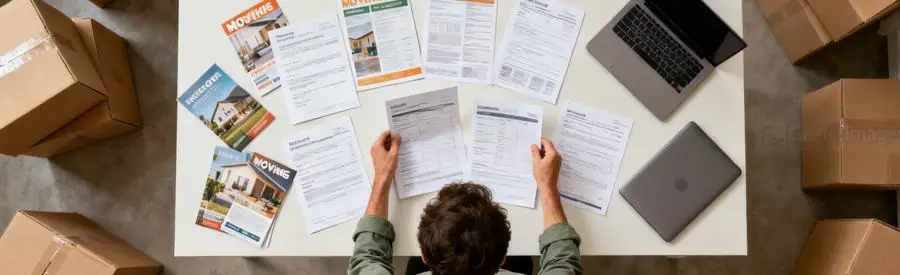 Personne comparant plusieurs offres de déménagement à Vienne, documents étalés sur une table.