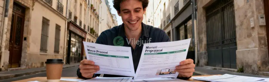 Personne examinant plusieurs propositions de déménagement sur une table avec des documents à Villejuif.