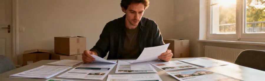 Personne examinant plusieurs offres de déménagement à Vincennes sur une table, expression concentrée.